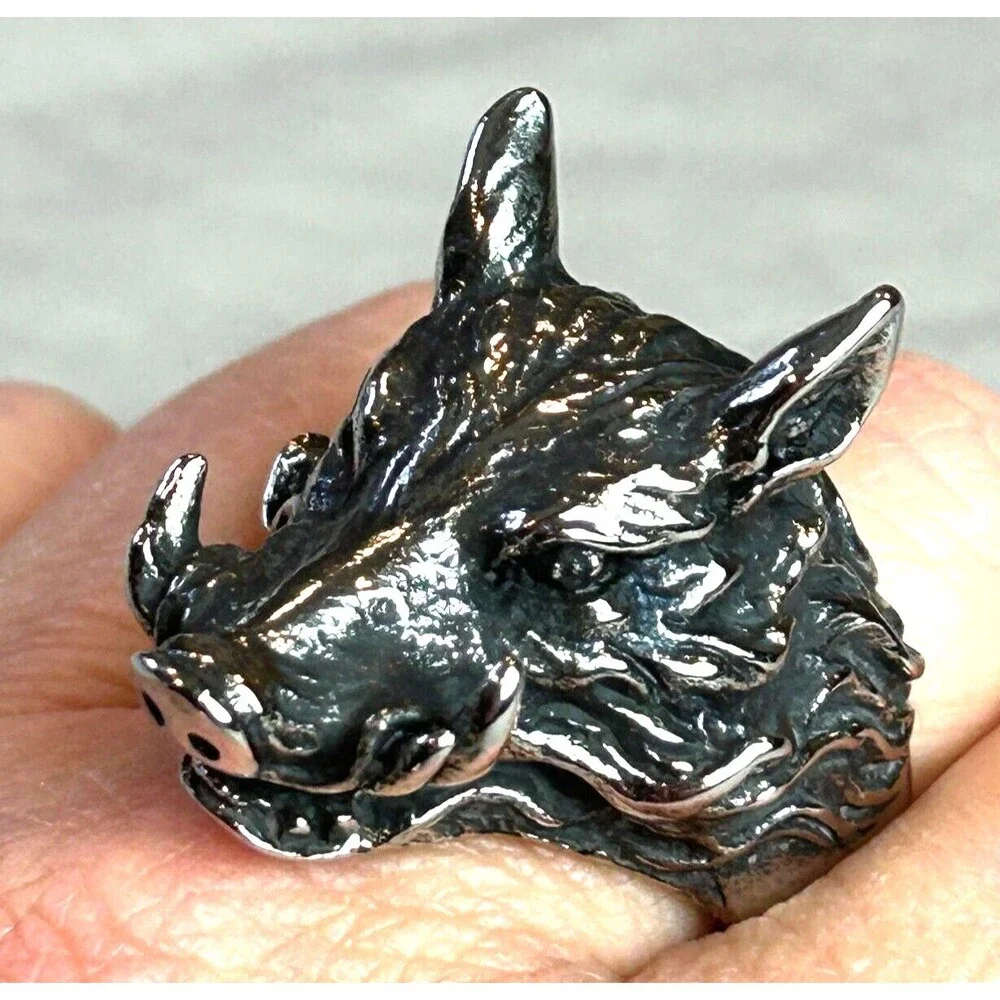 Men's Wild Boar Head Ring Bold Statement Jewelry Size 10